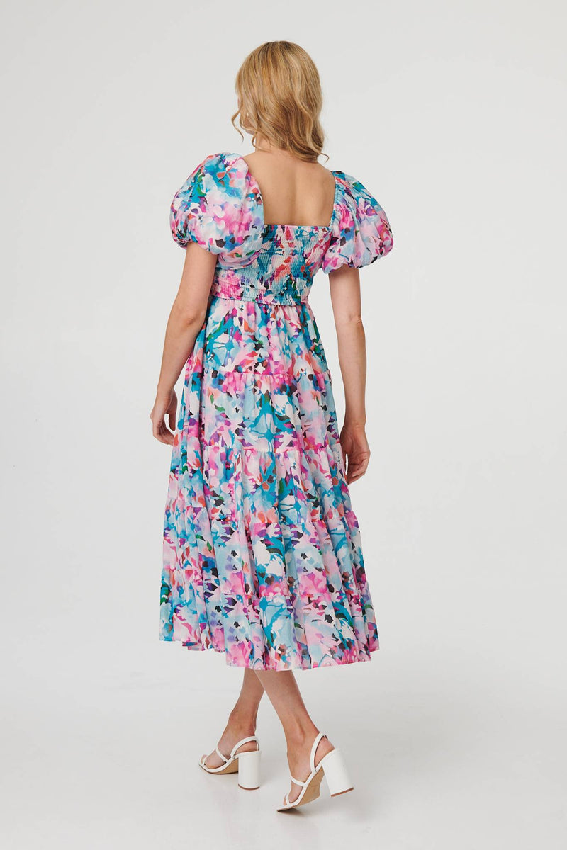puff sleeve shirred midi dress Abstract Puff Sleeve Shirred Midi Dress