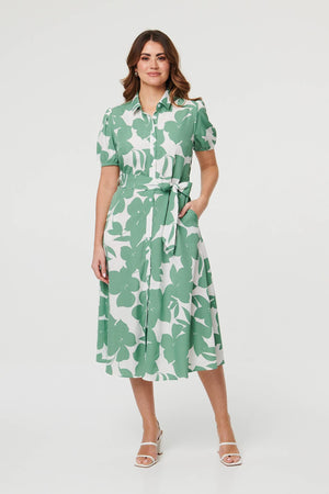 Sage | Abstract Floral Tie Waist Midi Dress