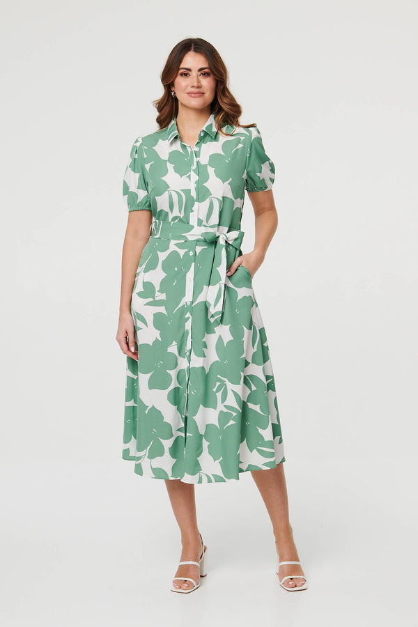 Sage | Abstract Floral Tie Waist Midi Dress