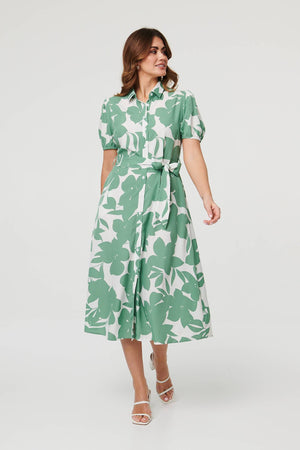 Sage | Abstract Floral Tie Waist Midi Dress