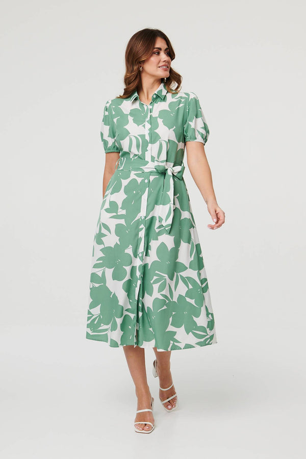 Sage | Abstract Floral Tie Waist Midi Dress