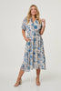 Blue | Floral Lace Trim Tie Waist Midi Dress
