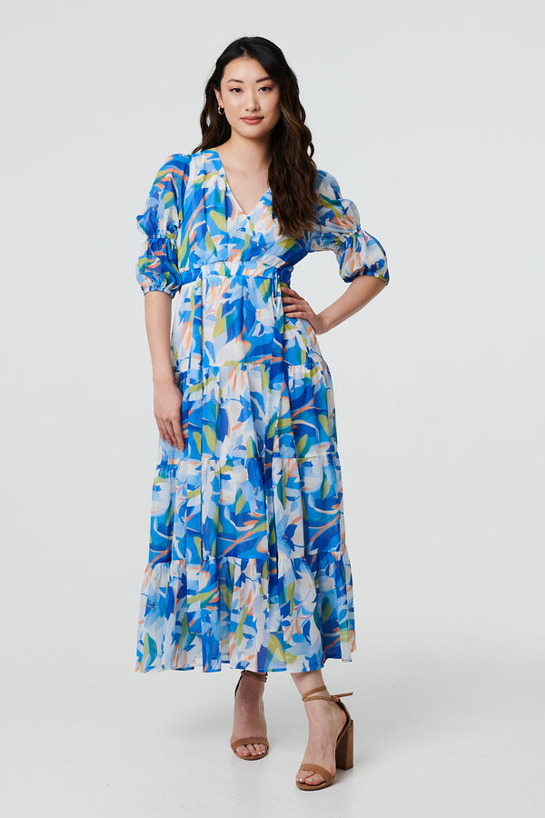 Blue | Abstract 3/4 Puff Sleeve Tiered Maxi Dress
