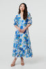 Blue | Abstract 3/4 Puff Sleeve Tiered Maxi Dress
