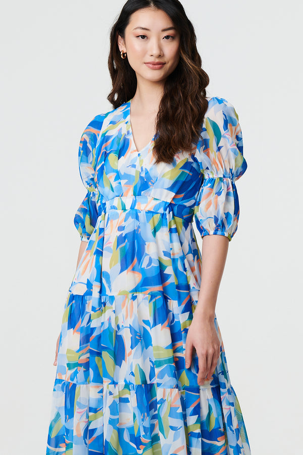 Blue | Abstract 3/4 Puff Sleeve Tiered Maxi Dress
