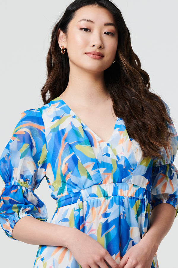 Blue | Abstract 3/4 Puff Sleeve Tiered Maxi Dress
