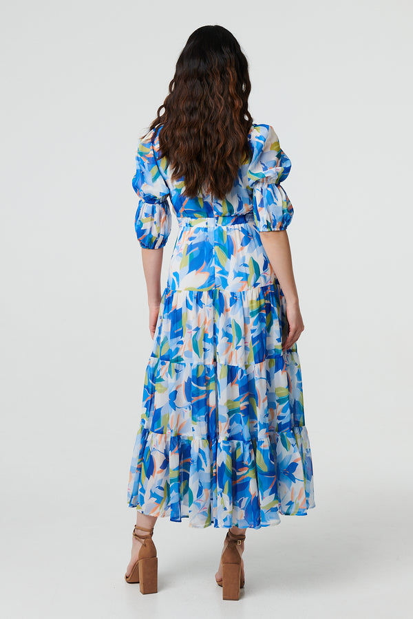 Blue | Abstract 3/4 Puff Sleeve Tiered Maxi Dress
