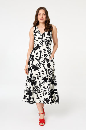 Beige | Floral Sleeveless A-Line Midi Dress