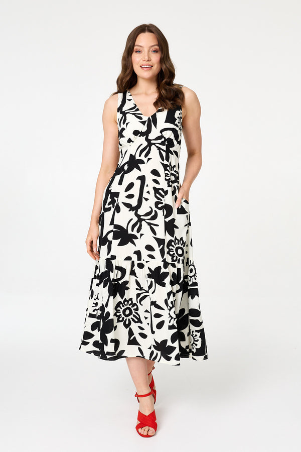 Beige | Floral Sleeveless A-Line Midi Dress