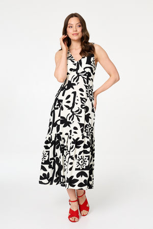 Beige | Floral Sleeveless A-Line Midi Dress