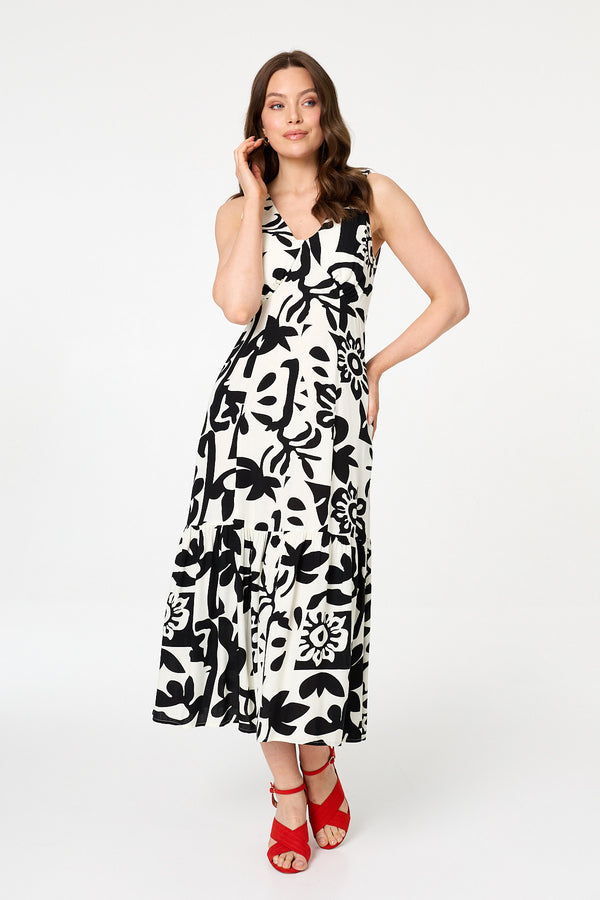 Beige | Floral Sleeveless A-Line Midi Dress