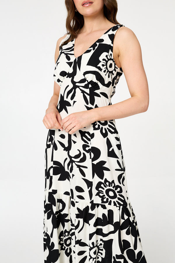 Beige | Floral Sleeveless A-Line Midi Dress