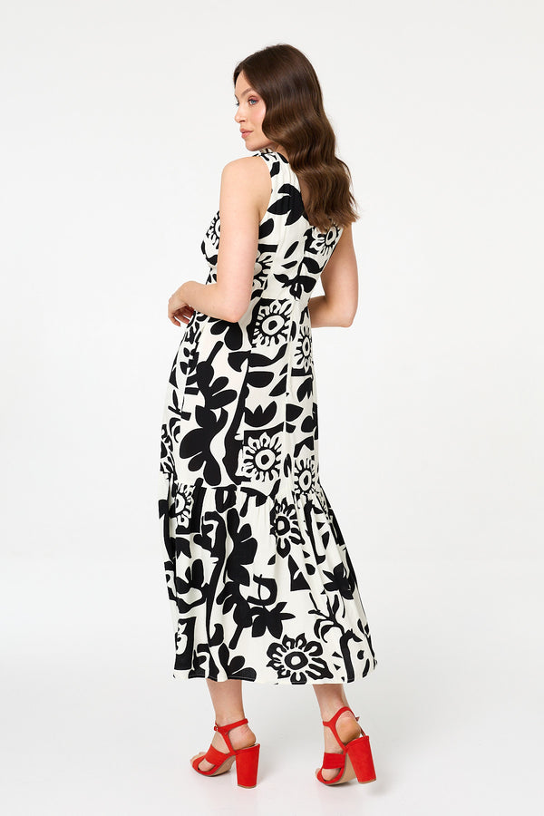 Beige | Floral Sleeveless A-Line Midi Dress