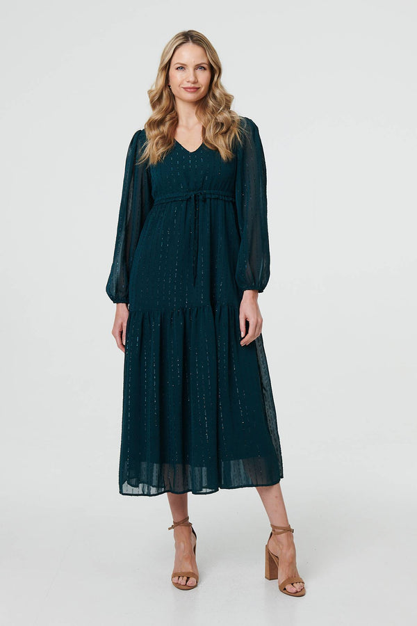 Green | Sparkly Semi Sheer Long Sleeve Midi Dress
