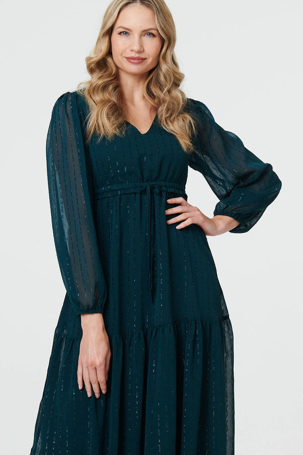 Green | Sparkly Semi Sheer Long Sleeve Midi Dress
