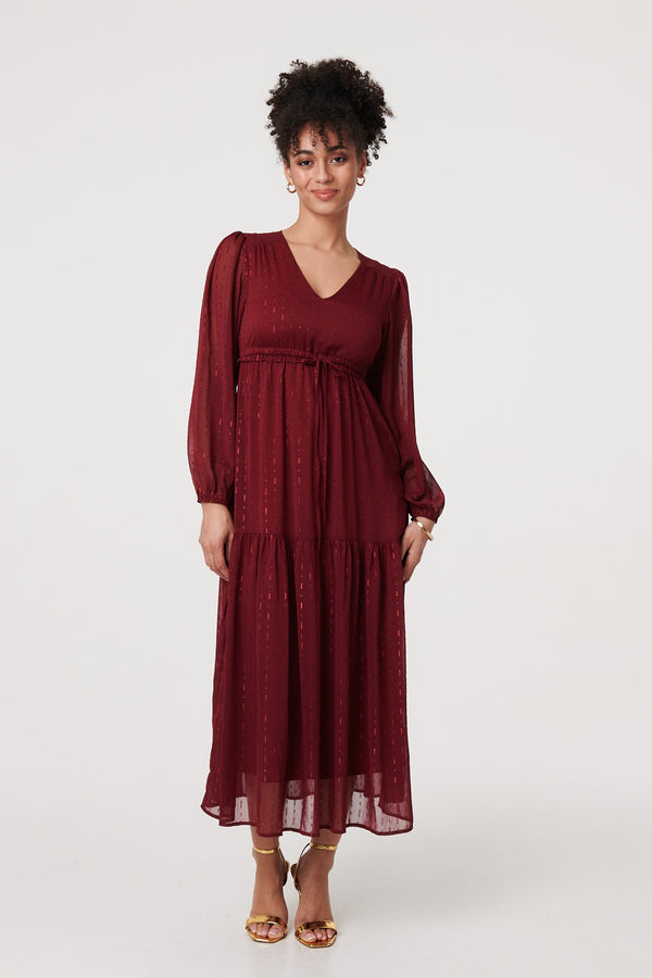Red | Sparkly Semi Sheer Long Sleeve Midi Dress
