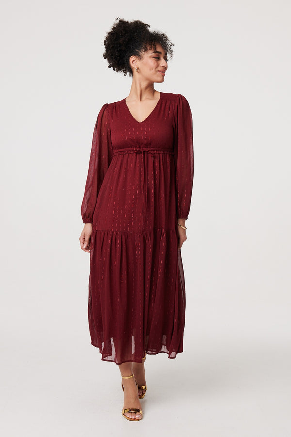 Red | Sparkly Semi Sheer Long Sleeve Midi Dress
