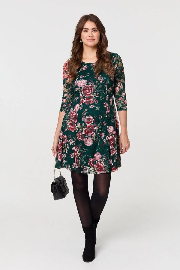 Green | Floral Lace Layer Short Skater Dress
