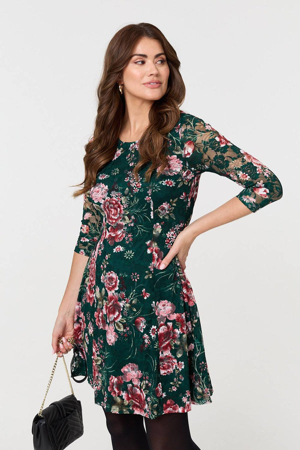 Green | Floral Lace Layer Short Skater Dress

