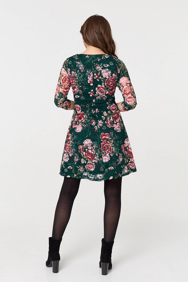 Green | Floral Lace Layer Short Skater Dress
