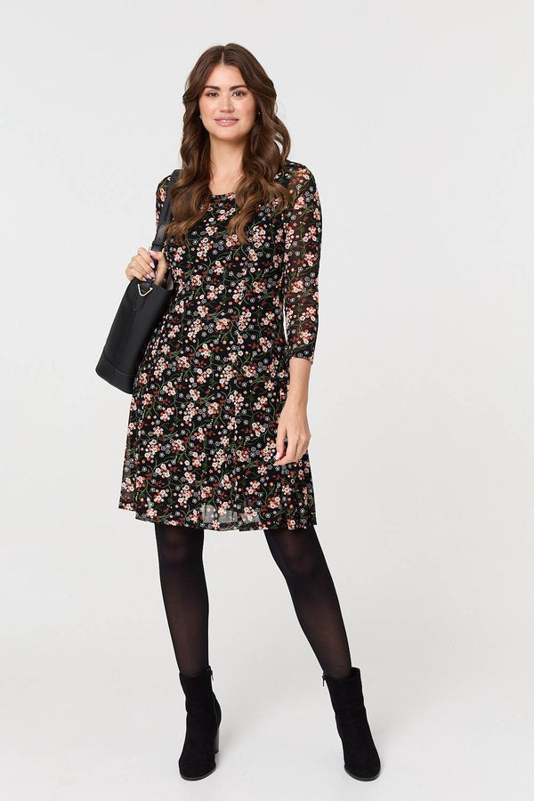 Orange | Ditsy Floral Mesh Knee Length Dress
