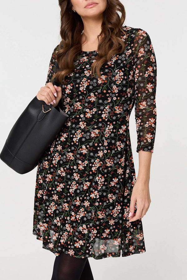 Orange | Ditsy Floral Mesh Knee Length Dress
