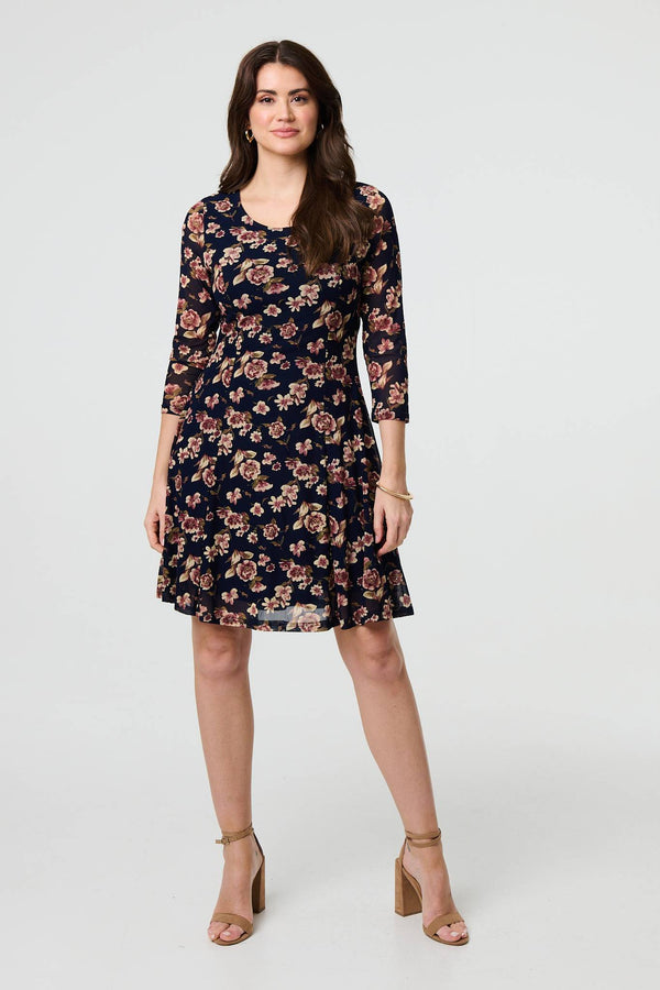 Navy | Floral Sparkle Mesh Knee Length Dress

