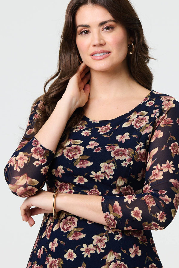 Navy | Floral Sparkle Mesh Knee Length Dress
