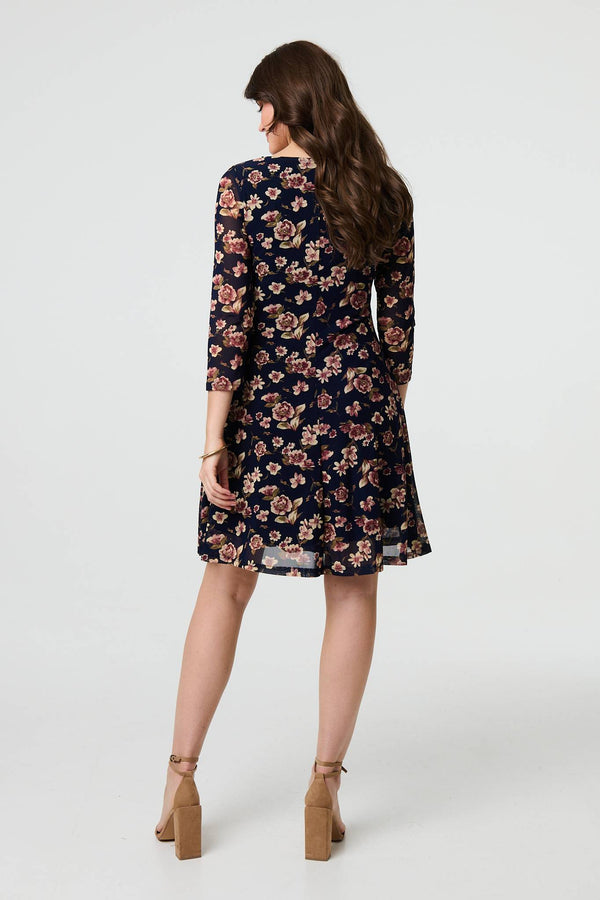 Navy | Floral Sparkle Mesh Knee Length Dress
