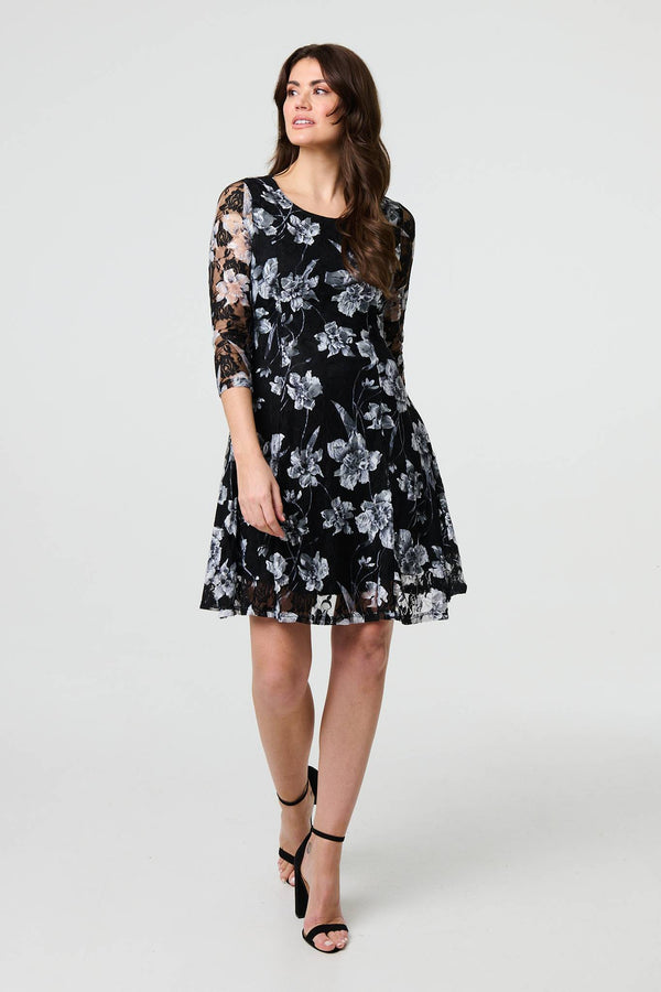 Black | Floral Semi Sheer Lace Layer Short Dress

