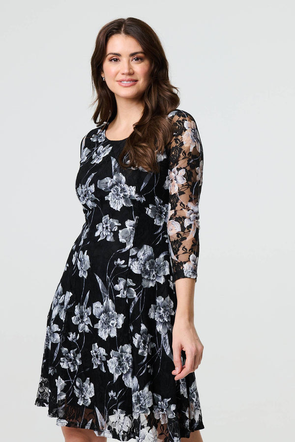 Black | Floral Semi Sheer Lace Layer Short Dress
