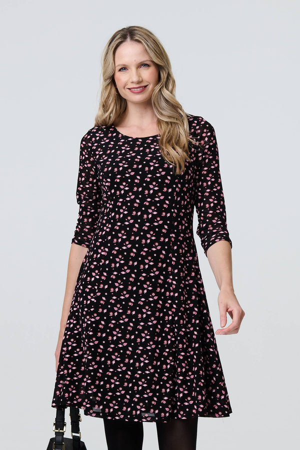Pink | Ditsy Floral Lace 3/4 Sleeve Short Dress
