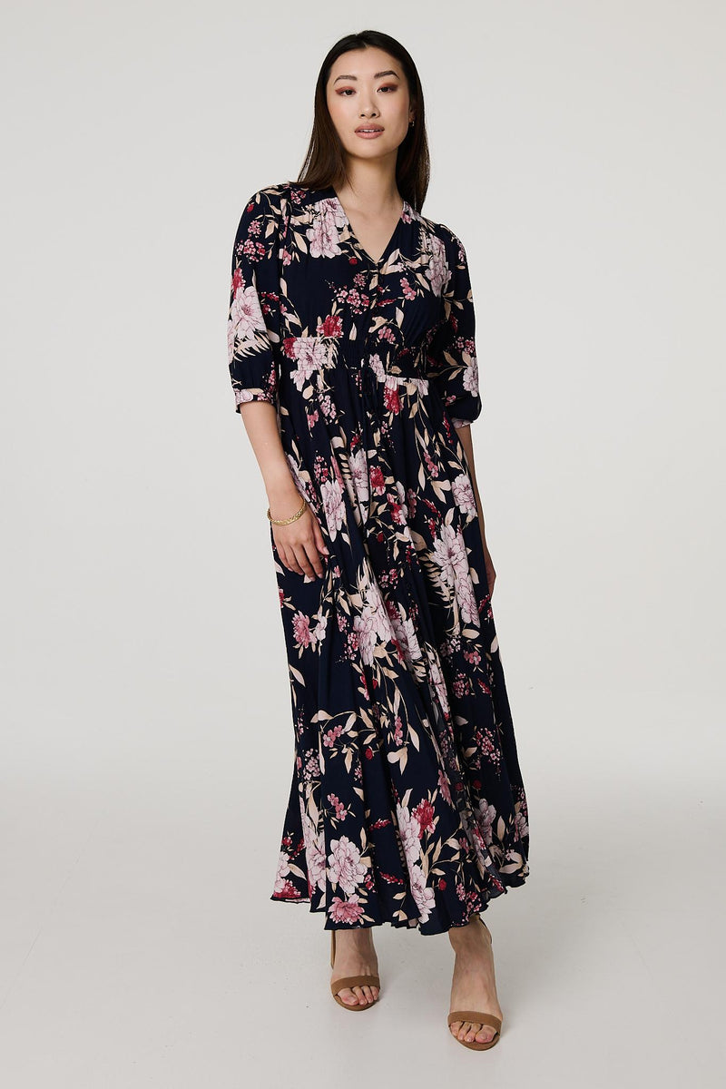 Floral 3/4 Sleeve A-Line Maxi Dress | Izabel London Floral 3/4 Sleeve A-Line Maxi Dress | Izabel London