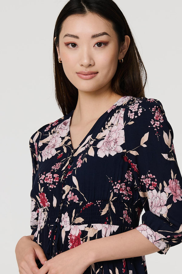 Navy | Floral 3/4 Sleeve A-Line Maxi Dress