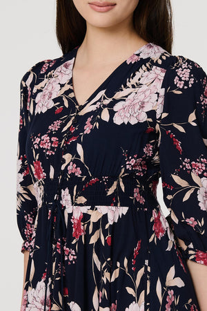 Navy | Floral 3/4 Sleeve A-Line Maxi Dress