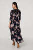 Navy | Floral 3/4 Sleeve A-Line Maxi Dress