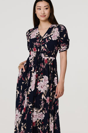 Navy | Floral 3/4 Sleeve A-Line Maxi Dress