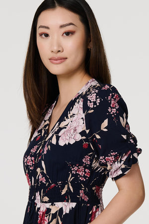 Navy | Floral 3/4 Sleeve A-Line Maxi Dress