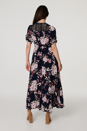 Navy | Floral 3/4 Sleeve A-Line Maxi Dress