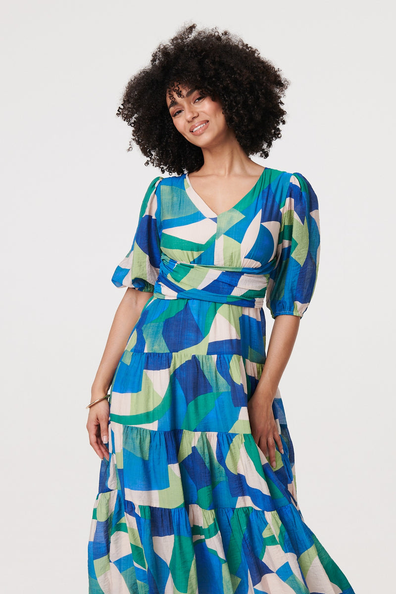 Abstract Ruched 1/2 Sleeve Midi Dress | Izabel London Abstract Ruched 1/2 Sleeve Midi Dress | Izabel London