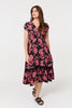 Black | Floral Lace Trim V-Neck Shirred Midi Dress : Model is 5'9