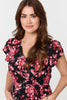 Black | Floral Lace Trim V-Neck Shirred Midi Dress : Model is 5'9