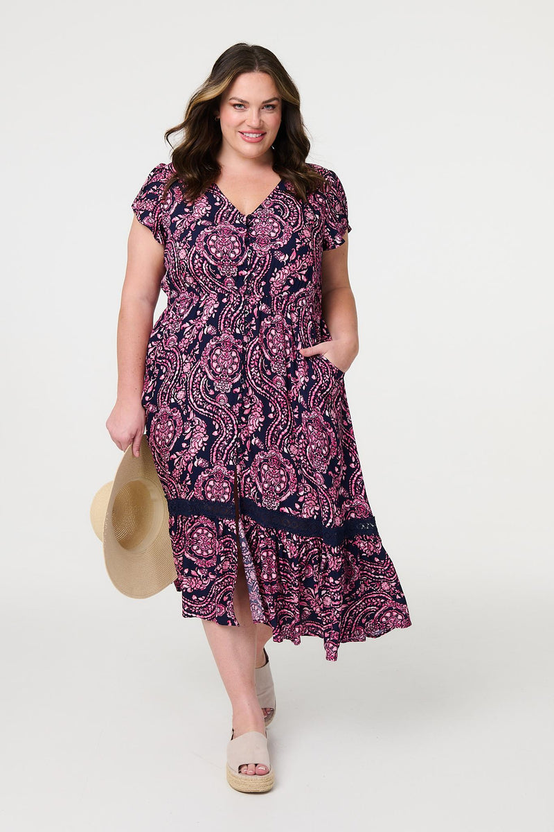 Printed Short Sleeve Lace Trim Maxi Dress Izabel London