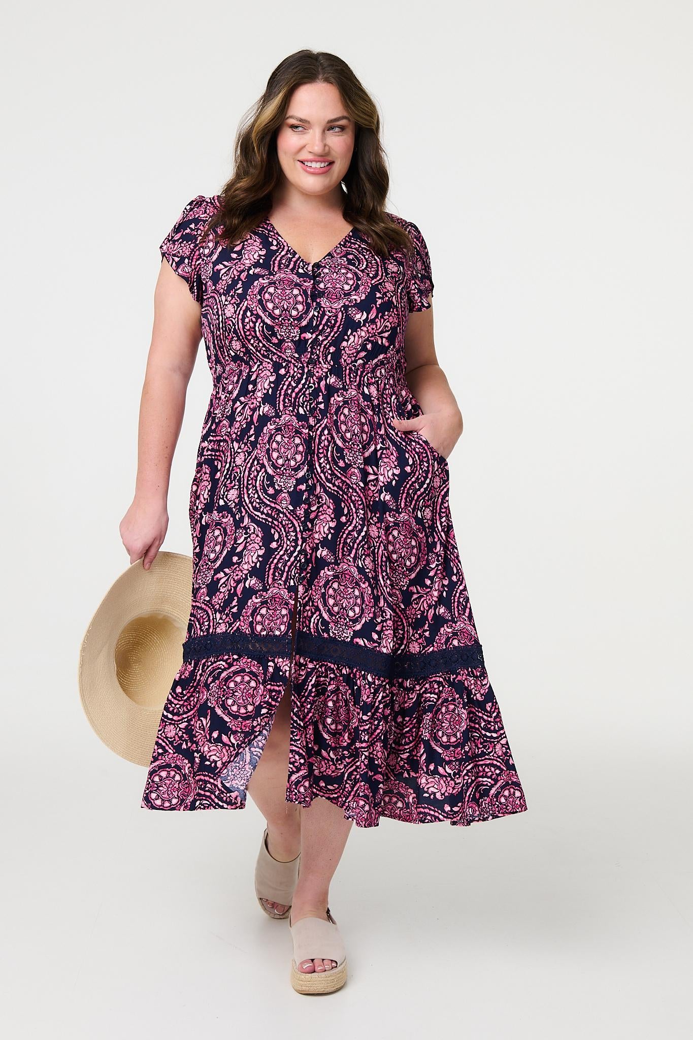Printed Short Sleeve Lace Trim Midi Dress