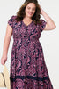 Navy | Printed Short Sleeve Lace Trim Midi Dress