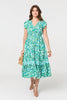 Green | Leaf Print Cap Sleeve Lace Trim Midi Dress
