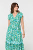Green | Leaf Print Cap Sleeve Lace Trim Midi Dress

