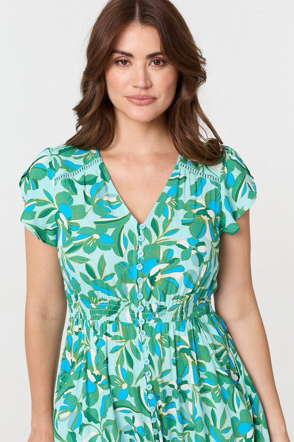 Green | Leaf Print Cap Sleeve Lace Trim Midi Dress
