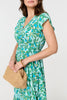 Green | Leaf Print Cap Sleeve Lace Trim Midi Dress
