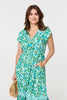 Green | Leaf Print Cap Sleeve Lace Trim Midi Dress
